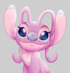 Rule 34 | angel (lilo &amp; stitch), angoraram, artist name, grey background, lilo &amp; stitch, looking at viewer, no humans, pink fur, simple background, solo, stitch!, upper body