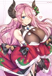 Rule 34 | 1girl, bad id, bad pixiv id, black bow, black gloves, blue eyes, bow, braid, breasts, christmas, cleavage, closed mouth, crown braid, dress, gloves, granblue fantasy, hair bow, hair ornament, hair over one eye, heart, highres, horns, huge breasts, long hair, looking at viewer, low-tied long hair, narmaya (granblue fantasy), narmaya (holiday) (granblue fantasy), pink hair, pointy ears, pom pom (clothes), red dress, santa costume, shirokuma a, smile, solo, thigh strap, v arms