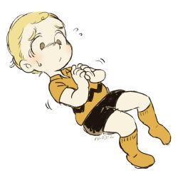 Rule 34 | 1boy, black shorts, blonde hair, brown socks, charlie brown, commentary request, dated, full body, male focus, own hands together, peanuts (comic), shirt, shorts, socks, sweat, uriko (botannabe), worried, yellow shirt