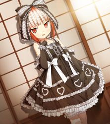 Rule 34 | 1girl, :d, absurdres, black gloves, bloomers, blush, bow, cura, dress, dutch angle, elbow gloves, flat (company), frills, game cg, gloves, gothic lolita, gradient hair, hair bow, hair ribbon, hand on own chest, highres, lace, light rays, lolita fashion, monobeno, multicolored hair, open mouth, petite, red eyes, red hair, ribbon, smile, solo, sumi (monobeno), two-tone hair, underwear, white hair