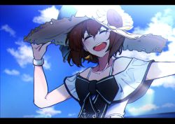 Rule 34 | 1girl, absurdres, blue sky, brown hair, closed eyes, cloud, collarbone, commentary request, dress, flower, hat, hato kan, highres, kantai collection, letterboxed, official alternate costume, short hair, sky, solo, speaking tube headset, sun hat, sundress, sunflower, upper body, white dress, yukikaze (kancolle)