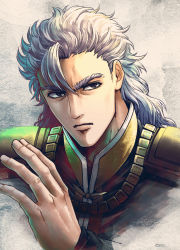 Rule 34 | 040shao, 1boy, aged down, black shirt, closed mouth, commentary, hand up, highres, hokuto no ken, looking to the side, male focus, medium hair, purple eyes, shirt, shoulder pads, shu (hokuto no ken), solo, upper body, white background, white hair