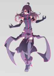 Rule 34 | 1girl, absurdres, ahoge, awakening0613, bad id, bad pixiv id, boots, commentary request, elbow gloves, eyepatch, full body, gloves, gradient background, grey background, hair between eyes, highres, long hair, looking at viewer, original, parted lips, pink hair, red eyes, shaded face, smile, solo, thighhighs