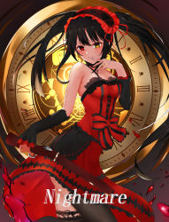Rule 34 | 1girl, absurdres, antique firearm, asymmetrical hair, black hair, black thighhighs, blush, breasts, clock, clock eyes, date a live, detached sleeves, dress, english text, finger to mouth, firearm, firelock, flintlock, floating hair, frilled hairband, frills, gun, hairband, hand up, heterochromia, highres, holding, holding gun, holding weapon, lolita fashion, long hair, looking at viewer, medium breasts, parted lips, red dress, red eyes, roman numeral, solo, spaghetti strap, sty, symbol-shaped pupils, thighhighs, thighs, tokisaki kurumi, twintails, weapon, yellow eyes