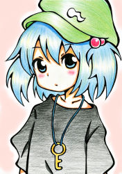 Rule 34 | 1girl, alternate costume, bad id, bad pixiv id, black shirt, blue eyes, blue hair, blush, colored pencil (medium), gradient clothes, hat, highres, jewelry, kawashiro nitori, key, key necklace, looking at viewer, matching hair/eyes, meme-tan (bana nan26), necklace, pink background, shirt, short sleeves, simple background, solo, touhou, traditional media, twintails, two side up