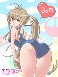 Rule 34 | 10s, 1girl, absurdres, ahoge, amagi brilliant park, antenna hair, aqua (lostvap), ass, bad id, bad pixiv id, black eyes, bow, breasts, brown eyes, brown hair, cameltoe, competition swimsuit, copyright name, hair bow, highres, long hair, one-piece swimsuit, ponytail, sento isuzu, solo, swimsuit, thighs, wet, yellow eyes