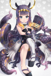 Rule 34 | 1girl, :d, absurdres, ao-chan (ninomae ina&#039;nis), black gloves, blue eyes, blush, book, breasts, cleavage, fang, geta, gloves, grimoire, hatsuga (dmaigmai), highres, hololive, hololive english, huge filesize, legs, long hair, looking at viewer, low wings, mole, mole under eye, nail polish, ninomae ina&#039;nis, ninomae ina&#039;nis (1st costume), open mouth, orange hair, pink nails, platform clogs, pointy ears, purple hair, sandals, simple background, sitting, small breasts, smile, solo, tentacle hair, tentacles, thighhighs, thighs, toenails, virtual youtuber, white background, wings