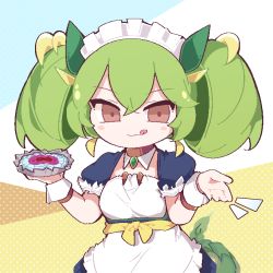 Rule 34 | 1girl, apron, artist request, blush stickers, breasts, chibi, duel monster, food, green hair, highres, holding, holding food, licking lips, long hair, looking at viewer, maid, maid apron, maid headdress, parlor dragonmaid, simple background, smile, tongue, tongue out, twintails, yu-gi-oh!