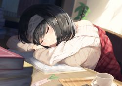 Rule 34 | 10s, 1girl, black hair, blush, book, book stack, bookmark, cup, closed eyes, hairband, head down, head on hand, idolmaster, idolmaster cinderella girls, igayan, indoors, long hair, long sleeves, off-shoulder, off-shoulder sweater, open book, plant, plate, ribbed sweater, sagisawa fumika, shawl, sleeping, solo, sweater, teacup, upper body