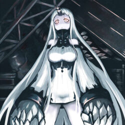 Rule 34 | 1girl, abyssal ship, bare shoulders, breasts, claws, colored skin, daitai, detached sleeves, dress, glowing, glowing eyes, horns, kantai collection, large breasts, long hair, pale skin, red eyes, ribbed dress, ribbed sweater, seaport princess, single horn, solo, sweater, sweater dress, very long hair, white hair, white skin