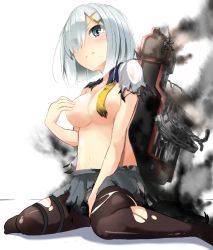 Rule 34 | 10s, 1girl, blue eyes, blush, breasts, censored, convenient censoring, covered erect nipples, hair ornament, hair over one eye, hairclip, hako roku, hamakaze (kancolle), kantai collection, large breasts, pantyhose, personification, short hair, silver hair, skirt, solo, tears, torn clothes, torn pantyhose, torn skirt