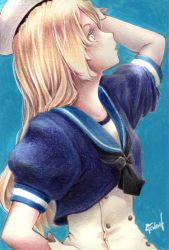Rule 34 | 1girl, blonde hair, blue eyes, blue sailor collar, dress, gloves, hat, highres, jervis (kancolle), kantai collection, long hair, millipen (medium), open mouth, postcard, sailor collar, sailor dress, short sleeves, simple background, solo, tesun (g noh), traditional media, watercolor pencil (medium), white dress, white gloves, white hat