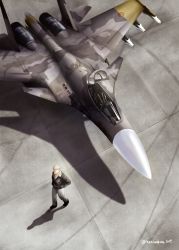 Rule 34 | 1boy, ace combat, ace combat 04, aircraft, airplane, blonde hair, canopy (aircraft), cockpit, erusean flag, fighter jet, hands in pockets, haniwakun 2019, highres, jacket, jet, military, military vehicle, missile, pants, pilot, shadow, su-37, twitter username, vehicle focus, walking, yellow 13