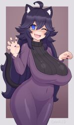 Rule 34 | 1girl, @ @, ahoge, animal ears, blue eyes, blush, border, breasts, cat ears, cat tail, claw pose, covered navel, cowboy shot, creatures (company), dress, game freak, genki2d, grey border, hair between eyes, hex maniac (pokemon), highres, large breasts, long hair, long sleeves, looking at viewer, nintendo, one eye closed, open mouth, pokemon, pokemon xy, purple background, purple dress, purple hair, purple nails, skin tight, smile, solo, standing, sweater, tail, turtleneck, turtleneck sweater, wink
