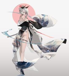 Rule 34 | 1girl, absurdres, ass, bamuth, bare shoulders, breasts, butt crack, eyepatch, flower, grey background, grey hair, hair flower, hair ornament, hibiscus, high heels, highres, holding, holding sword, holding weapon, horns, japanese clothes, kimono, large breasts, no panties, original, purple eyes, scabbard, sheath, shoulder tattoo, side slit, sideboob, sword, tattoo, thigh strap, weapon