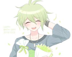 Rule 34 | 1boy, 8takenokonosato8, :d, amami rantaro, blush, closed eyes, collarbone, commentary request, danganronpa (series), danganronpa v3: killing harmony, earrings, facing viewer, green eyes, green hair, green ribbon, hand up, happy birthday, holding, jewelry, long sleeves, male focus, necklace, open mouth, petals, ribbon, shirt, short hair, simple background, smile, solo, striped clothes, striped shirt, teeth, upper body, upper teeth only, white background