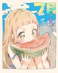 Rule 34 | 1girl, alternate hairstyle, blue shirt, blue sky, blunt bangs, blush, brown hair, cloud, commentary, day, eating, flat chest, flying sweatdrops, food, fruit, hands up, highres, holding, holding food, holding fruit, ichihara nina, idolmaster, idolmaster cinderella girls, idolmaster cinderella girls starlight stage, knees up, long hair, pya~ (yyy961019), shirt, sitting, sky, sleeveless, sleeveless shirt, solo, strap slip, sweatdrop, translated, watermelon, wind chime, yellow eyes