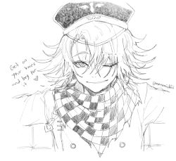 Rule 34 | 1boy, buttons, chain, checkered clothes, checkered scarf, danganronpa (series), danganronpa v3: killing harmony, english text, hat, heart, male focus, nanamichiii, one eye closed, oma kokichi, scarf, shirt, short hair, side bangs, simple background, solo, straitjacket, text focus, white background, wink