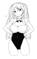 Rule 34 | 1girl, adapted costume, breasts, cleavage cutout, clothing cutout, conte di cavour (kancolle), conte di cavour nuovo (kancolle), cowboy shot, cropped legs, gloves, greyscale, hands on own hips, kantai collection, large breasts, leotard, long hair, looking at viewer, monochrome, solo, tamu (mad works), two side up