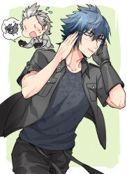 Rule 34 | 2boys, 3 3, bespectacled, black jacket, blue hair, chocobo, final fantasy, final fantasy xv, glasses, gloves, ignis scientia, jacket, male focus, mintgreen0913, multiple boys, noctis lucis caelum, one eye closed, single glove, smile, theft
