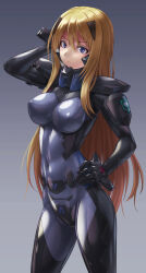 Rule 34 | 1girl, armored bodysuit, blonde hair, blue background, blue eyes, bodysuit, breasts, character request, commentary request, covered erect nipples, covered navel, female focus, fortified suit, gradient background, hand on own head, hand on own hip, headgear, highres, impossible bodysuit, impossible clothes, kurione (zassou), long hair, looking at viewer, medium breasts, muv-luv, muv-luv alternative, shiny clothes, skin tight, solo, standing