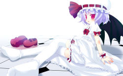 Rule 34 | 1girl, arm support, bat wings, bloomers, bow, dress, feet, female focus, floor, hat, legs, light purple hair, lying, mary janes, meito (maze), no shoes, on side, petticoat, red eyes, remilia scarlet, shoes, unworn shoes, short hair, soles, solo, thighhighs, tiles, touhou, underwear, upskirt, white thighhighs, wings, wrist cuffs