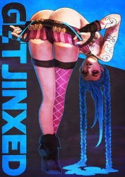 Rule 34 | 1girl, absurdres, arm tattoo, ass, bandolier, bent over, black gloves, blue background, blue hair, blue nails, blue panties, braid, bullet, butt crack, clothes pull, commentary, commission, crossed ankles, english commentary, english text, eyeshadow, fingerless gloves, gloves, highres, jinx (league of legends), league of legends, legs, legs together, lips, long hair, looking at viewer, looking back, makeup, monori rogue, nail polish, navel, panties, panty pull, pink eyes, pink thighhighs, pulling own clothes, short shorts, shorts, shorts pull, single thighhigh, solo, tattoo, thigh strap, thighhighs, twin braids, underwear, undressing, very long hair
