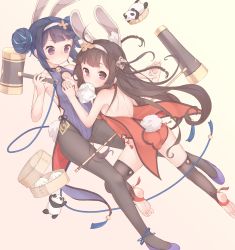 Rule 34 | 2girls, animal ears, azur lane, back, bare arms, bare shoulders, black hair, grabbing another&#039;s breast, breasts, brown hair, double bun, dress, dumpling, fake animal ears, food, grabbing, hair bun, hairband, highres, holding hands, jiaozi, kine, looking at viewer, mallet, medium breasts, multiple girls, ning hai (azur lane), ning hai (moon palace rabbit) (azur lane), over-kneehighs, panda, pantyhose, ping hai (azur lane), ping hai (osmanthus moon rabbit) (azur lane), purple eyes, purple footwear, rabbit ears, red dress, sakurea, shoes, short dress, simple background, thighhighs, toeless legwear, white hairband