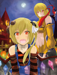 Rule 34 | 2girls, :d, aged up, alternate costume, bad id, bad pixiv id, bandages, bat hair ornament, blonde hair, breasts, brown eyes, building, detached sleeves, fang, flandre scarlet, hair ornament, hair ribbon, halloween, highres, jack-o&#039;-lantern, kumakichi., large breasts, looking at viewer, multiple girls, navel, open mouth, red eyes, ribbon, rumia, short hair, side ponytail, smile, striped, touhou, underboob