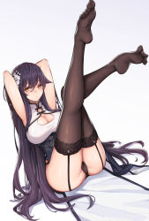 Rule 34 | 1girl, ass, azuma (azur lane), azuma (soft voice of spring) (azur lane), azur lane, black panties, black thighhighs, bra visible through clothes, breasts, cleavage, cleavage cutout, clothing cutout, feet, garter straps, hair between eyes, hair ornament, highres, large breasts, legs, legs up, long hair, no shoes, panties, sitting, soles, solo, spread toes, thighhighs, thighs, toes, underwear, very long hair, white background, xian yu mo ren