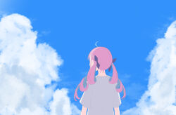 1girl absurdres ahoge alternate_costume blue_hair blue_ribbon blue_sky braid cloud from_behind hair_ribbon highres hololive kuronagirai minato_aqua multicolored_hair pink_hair ribbon shirt sky solo streaked_hair t-shirt twin_braids two-tone_hair virtual_youtuber