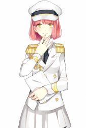 Rule 34 | 10s, 1girl, aiguillette, black necktie, buttons, double-breasted, epaulettes, formal, hand on own chin, hat, holding, holding paper, military, military hat, military uniform, nanami haruka, necktie, paper, pink hair, pleated skirt, prin dog, skirt, skirt suit, smile, solo, suit, uniform, uta no prince-sama, white suit, yellow eyes