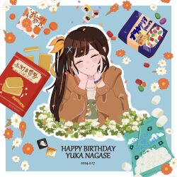 Rule 34 | blue wristband, blush, brown hair, brown jacket, candy, closed eyes, confetti, flower, food, fruit, hair ornament, hand on own cheek, hand on own face, happy birthday, highres, jacket, marshmallow, nagase yuka, nose blush, orange (fruit), orange flower, orange ribbon, orange wristband, ribbon, riot music, shirt, side ponytail, smile, t-shirt, tirol chocolate, upper body, virtual youtuber, white flower, x hair ornament