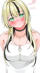 1girl bare_shoulders black_hair blonde_hair blush breasts cleavage collar collarbone cross cross_necklace earrings green_eyes hayate-rindou highres jewelry kurumi_noah long_hair medium_breasts multicolored_hair necklace pout virtual_youtuber vspo!