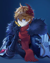 Rule 34 | 1boy, absurdres, ahoge, aiguillette, black gloves, blue eyes, closed mouth, coat, earrings, fur-trimmed coat, fur trim, genshin impact, gloves, gnosis (genshin impact), hair between eyes, hand up, highres, hikaru002001, holding, jewelry, lapels, long sleeves, looking at viewer, male focus, mask, mask on head, open clothes, open coat, orange hair, red mask, red scarf, scarf, short hair, single earring, tartaglia (genshin impact), upper body, white coat