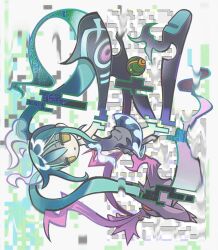 Rule 34 | 1girl, abstract background, black footwear, blue hair, blue skirt, boots, closed mouth, commentary request, creatures (company), detached arm, detached legs, detached sleeves, distortion, dusk ball, expressionless, falling, floating hair, floating neckwear, game freak, gen 4 pokemon, ghost miku (project voltage), glitch, gradient footwear, grey shirt, ha4to, hatsune miku, highres, jitome, long hair, looking at viewer, mismagius, multicolored hair, nintendo, no pupils, pale skin, poke ball, pokemon, pokemon (creature), project voltage, purple footwear, see-through, see-through skirt, shirt, sidelocks, skirt, sleeveless, sleeveless shirt, sleeves past fingers, sleeves past wrists, solo, thigh boots, very long hair, vocaloid, white background, yellow eyes