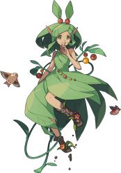 Rule 34 | 1girl, artist request, bare shoulders, berry, bird, blush, blush stickers, breasts, brown footwear, challua (world flipper), closed mouth, collarbone, dark-skinned female, dark skin, dirt, dress, dryad, female focus, flower, full body, green dress, green eyes, green hair, hand to own mouth, hand up, happy, highres, long hair, looking at viewer, matching hair/eyes, monster girl, non-web source, official art, plant, plant girl, plant hair, pointy ears, red flower, sidelocks, simple background, single strap, sleeveless, sleeveless dress, small breasts, smile, solo, transparent background, vines, world flipper, yellow flower
