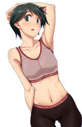 Rule 34 | 10s, 1girl, arm behind head, arm up, armpits, aya shachou, bike shorts, black eyes, black hair, blush, clothes writing, collarbone, kantai collection, looking at viewer, midriff, mogami (kancolle), navel, open mouth, short hair, skin tight, smile, solo, sports bra, stomach, sweat