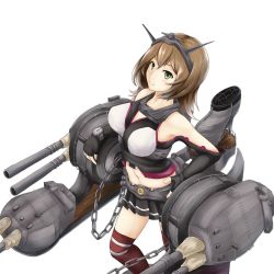 Rule 34 | 1girl, aira (qwedcxza49), alternate hair length, alternate hairstyle, bare shoulders, breasts, bridal gauntlets, brown hair, cannon, chain, collar, cosplay, crop top, elbow gloves, fingerless gloves, gloves, green eyes, hairband, headband, headgear, highres, kantai collection, large breasts, long hair, looking at viewer, machinery, midriff, miniskirt, mutsu (kancolle), nagato (kancolle), nagato (kancolle) (cosplay), navel, pleated skirt, radio antenna, red thighhighs, rigging, short hair, skirt, sleeveless, smokestack, solo, thighhighs, turret