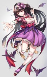Rule 34 | 1girl, absurdres, black hair, breasts, brown hair, cleavage, fate/grand order, fate (series), full body, gradient hair, hairband, highres, long hair, looking at viewer, multicolored hair, osakabehime (fate), outstretched arm, pdxen, purple eyes, solo, thighhighs, twintails, very long hair, white thighhighs