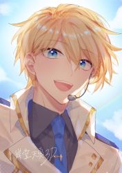Rule 34 | 1boy, :d, backlighting, black shirt, blonde hair, blue eyes, blue necktie, buttons, cloud, collared jacket, collared shirt, day, diamond button, earpiece, hair between eyes, highres, holostars, jacket, kishido temma, looking at viewer, male focus, necktie, open mouth, shirt, short hair, smile, solo, sweat, teeth, tie clip, tsukonin p, upper body, upper teeth only, virtual youtuber, white jacket