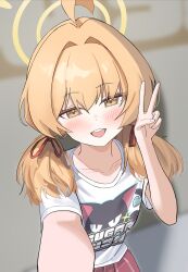 Rule 34 | 1girl, absurdres, ahoge, blonde hair, blue archive, blurry, blurry background, blush, collarbone, commentary, hair intakes, hair ribbon, halo, hand up, highres, huge ahoge, kekko 044, looking at viewer, low twintails, official alternate costume, official alternate hairstyle, open mouth, outstretched arm, plaid, plaid skirt, pleated skirt, print shirt, red ribbon, red skirt, ribbon, selfie, shirt, short sleeves, skirt, smile, solo, teeth, twintails, upper body, upper teeth only, v, white shirt, yellow eyes, yellow halo, yoshimi (band) (blue archive), yoshimi (blue archive)