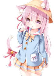 Rule 34 | 1girl, animal ears, arm at side, azur lane, bell, blue shirt, bow, bowtie, candy, cat ears, cat girl, cat tail, commentary request, ears through headwear, fang, food, hair between eyes, hair ribbon, hand up, hat, highres, holding, holding candy, holding food, holding lollipop, jingle bell, kindergarten uniform, kisaragi (azur lane), lollipop, long hair, long sleeves, looking at viewer, parted lips, pink hair, pleated skirt, purple eyes, red bow, red ribbon, ria (riaaaaaaa), ribbon, saliva, saliva trail, school hat, shirt, simple background, skirt, solo, tail, tail bell, tail bow, tail ornament, thighhighs, very long hair, white background, white thighhighs, yellow bow, yellow bowtie, yellow hat, yellow skirt