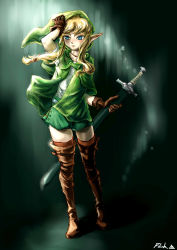Rule 34 | 1girl, absurdres, blonde hair, blue eyes, boots, brown footwear, brown thighhighs, filink, gloves, hat, highres, hyrule warriors, linkle, long hair, male focus, nintendo, pointy ears, shirt, shorts, solo, sword, the legend of zelda, thigh boots, thighhighs, weapon, zettai ryouiki