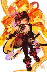 Rule 34 | 1girl, black footwear, black shirt, boots, brown hair, chiori (genshin impact), commentary, crossed legs, dawn (sunris3serenade), detached sleeves, english commentary, genshin impact, hair ornament, hair stick, highres, holding, holding scissors, looking at viewer, medium hair, no pupils, obi, ponytail, red eyes, sash, scissors, shirt, signature, sitting, solo, sword, thread, weapon