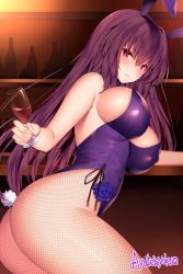 Rule 34 | 1girl, animal ears, ass, ayuteisyoku, bad id, bad twitter id, bare shoulders, blush, breasts, covered erect nipples, cup, drinking glass, fake animal ears, fate/grand order, fate (series), fishnet pantyhose, fishnets, flower, holding, inactive account, large breasts, leotard, long hair, looking at viewer, official alternate costume, pantyhose, playboy bunny, purple hair, purple leotard, rabbit ears, rabbit tail, red eyes, scathach (fate), scathach (piercing bunny) (fate), smile, solo, strapless, strapless leotard, tail, twitter username, wine glass, wrist cuffs