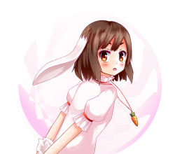 Rule 34 | 1girl, :o, animal ears, aps@shugyouchuu, aps (alice-momizi), arms behind back, bad id, bad pixiv id, brown hair, carrot, dress, female focus, inaba tewi, jewelry, looking at viewer, pendant, pink dress, rabbit ears, rabbit girl, rabbit tail, red eyes, short hair, short sleeves, simple background, solo, tail, touhou, v arms, white background