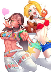 Rule 34 | 2girls, abs, andromeda (fate), andromeda (second ascension) (fate), armband, belt, bikini, black hair, blonde hair, breasts, brown gloves, brown jacket, calamity jane (fate), collared jacket, covered erect nipples, cropped jacket, dark-skinned female, dark skin, earrings, facing viewer, fate/grand order, fate (series), gloves, green armband, green eyes, heart, highres, hoop earrings, jacket, jewelry, kikyouta, large breasts, midriff, multicolored hair, multiple girls, navel, open clothes, open jacket, pants, parted lips, pink hair, shorts, simple background, smile, star (symbol), swimsuit, teeth, two-tone hair, white background