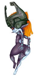 Rule 34 | 1girl, absurdres, ass, ass grab, barefoot, breasts, colored sclera, colored skin, fang, feet, from behind, full body, helmet, highres, huge ass, jnstudio, long hair, looking back, midna, monster girl, multicolored skin, nintendo, nude, one eye covered, orange hair, pointy ears, red eyes, simple background, small breasts, smile, soles, solo, the legend of zelda, the legend of zelda: twilight princess, thick thighs, thighs, toes, two-tone skin, white background, yellow sclera