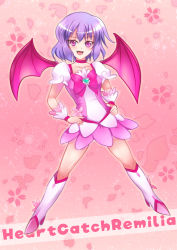 Rule 34 | 1girl, boots, brooch, cosplay, cure blossom, cure blossom (cosplay), fang, female focus, floral background, greave (asterism), heart, heart brooch, heartcatch precure!, knee boots, magical girl, pink background, pink theme, precure, remilia scarlet, solo, touhou, wings